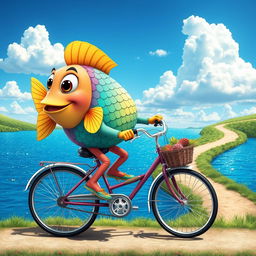 A whimsical scene featuring a colorful fish with vibrant scales and cartoonish legs riding a bicycle