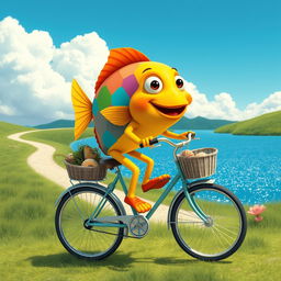 A whimsical scene featuring a colorful fish with vibrant scales and cartoonish legs riding a bicycle