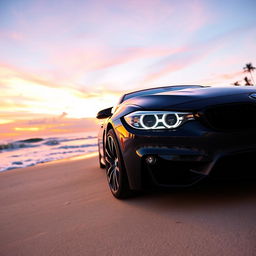 A stunning black BMW car parked on the beach during sunset, showcasing its sleek design and shiny exterior