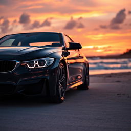 A stunning black BMW car parked on the beach during sunset, showcasing its sleek design and shiny exterior