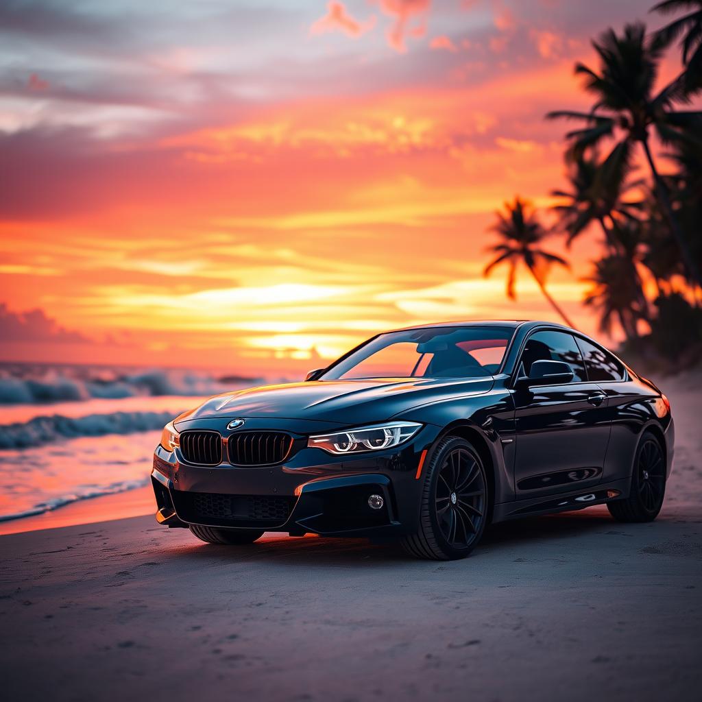 A stunning black BMW car parked on the beach during sunset, showcasing its sleek design and shiny exterior