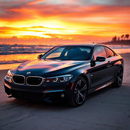 A stunning black BMW car parked on the beach during sunset, showcasing its sleek design and shiny exterior