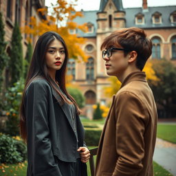 A beautiful, smart and mysterious young lecturer named Anya stands in a historic university campus surrounded by ancient buildings and lush greenery