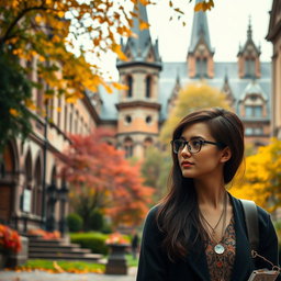 A beautiful, smart and mysterious young lecturer named Anya stands in a historic university campus surrounded by ancient buildings and lush greenery