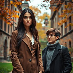 A beautiful, smart and mysterious young lecturer named Anya stands in a historic university campus surrounded by ancient buildings and lush greenery