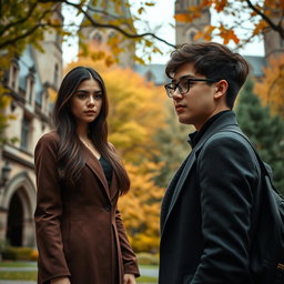 A beautiful, smart and mysterious young lecturer named Anya stands in a historic university campus surrounded by ancient buildings and lush greenery