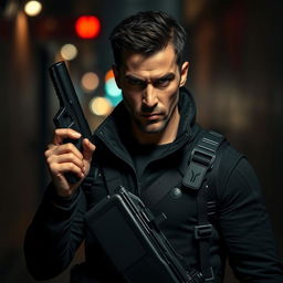 A dramatic scene featuring Navid Mohammadzadeh depicted as a stealthy assassin in an urban environment