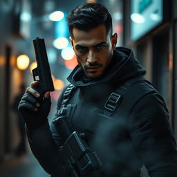 A dramatic scene featuring Navid Mohammadzadeh depicted as a stealthy assassin in an urban environment