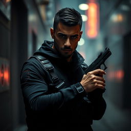 A dramatic scene featuring Navid Mohammadzadeh depicted as a stealthy assassin in an urban environment