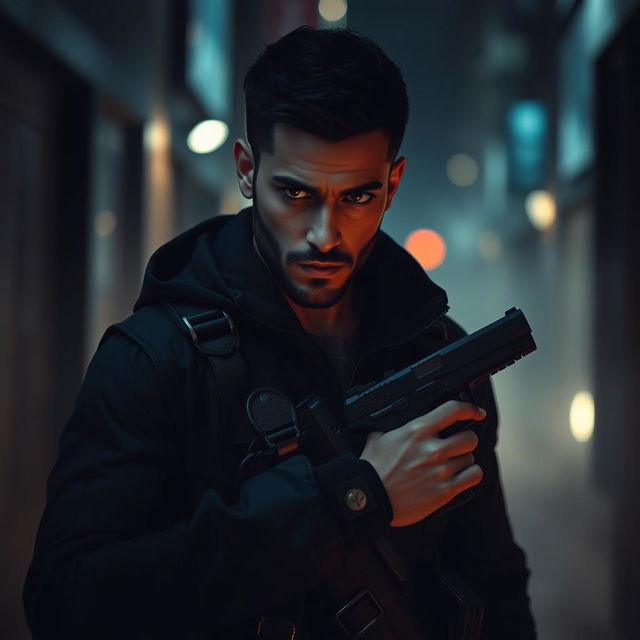 A dramatic scene featuring Navid Mohammadzadeh depicted as a stealthy assassin in an urban environment