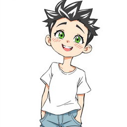 A hand-drawn style illustration of an anime boy with freckles, featuring a playful expression
