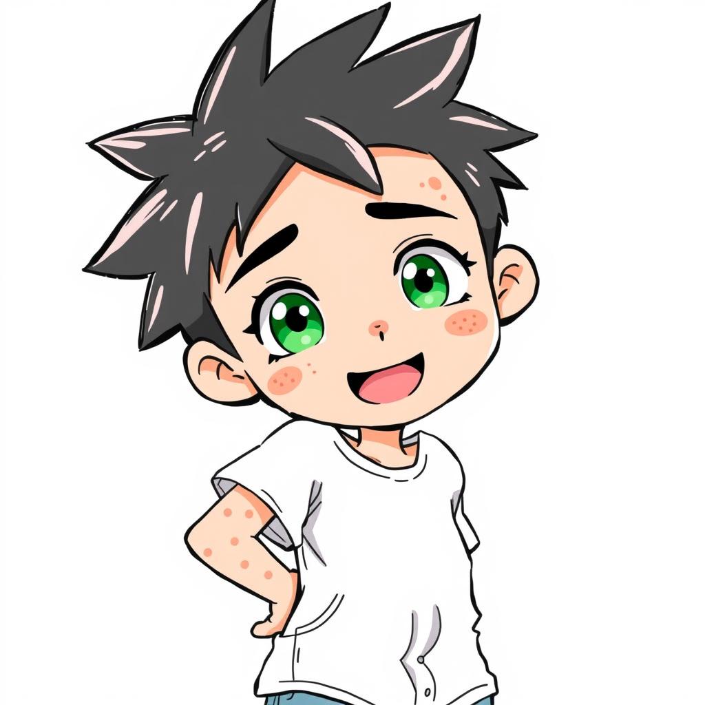 A hand-drawn style illustration of an anime boy with freckles, featuring a playful expression