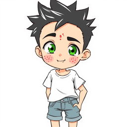 A hand-drawn style illustration of an anime boy with freckles, featuring a playful expression