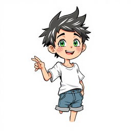 A hand-drawn style illustration of an anime boy with freckles, featuring a playful expression
