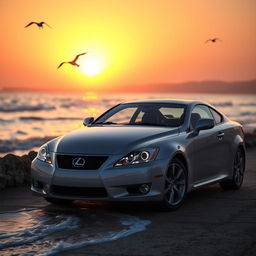 A Lexus Si250 2008 model, parked by the beach during sunset