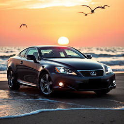 A Lexus Si250 2008 model, parked by the beach during sunset