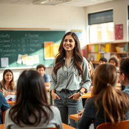 A young female lecturer, vibrant and engaging, is standing in front of a classroom full of students, who are attentively listening and smiling