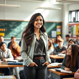 A young female lecturer, vibrant and engaging, is standing in front of a classroom full of students, who are attentively listening and smiling
