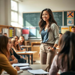 A young female lecturer, vibrant and engaging, is standing in front of a classroom full of students, who are attentively listening and smiling