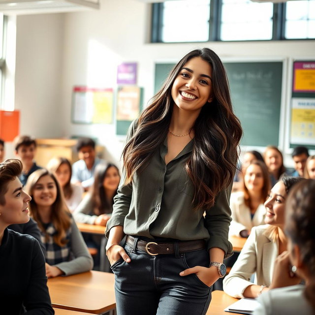 A young female lecturer, vibrant and engaging, is standing in front of a classroom full of students, who are attentively listening and smiling