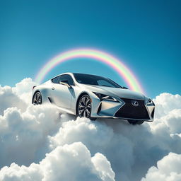 A stunning Lexus car soaring gracefully through fluffy, white clouds