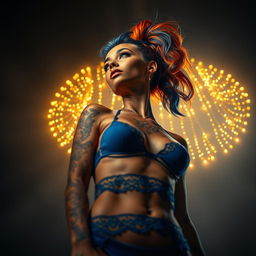 A surreal and dreamlike scene with a low viewpoint looking upward towards an elegant light caramel skinned female