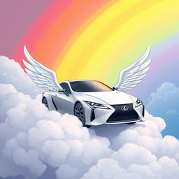 A cartoon-style image of a Lexus car with wings, resembling anime aesthetics, floating among fluffy clouds with a vibrant rainbow in the background