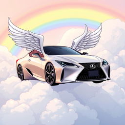 A cartoon-style image of a Lexus car with wings, resembling anime aesthetics, floating among fluffy clouds with a vibrant rainbow in the background