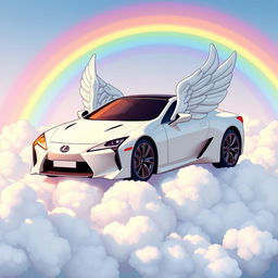 A cartoon-style image of a Lexus car with wings, resembling anime aesthetics, floating among fluffy clouds with a vibrant rainbow in the background