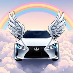 A cartoon-style image of a Lexus car with wings, resembling anime aesthetics, floating among fluffy clouds with a vibrant rainbow in the background