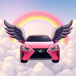 A cartoon-style Lexus car with wings, resembling anime art, soaring through fluffy clouds with a colorful rainbow in the background
