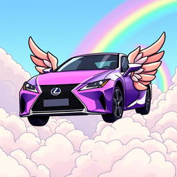 A cartoon-style Lexus car with wings, resembling anime art, soaring through fluffy clouds with a colorful rainbow in the background