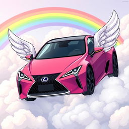 A cartoon-style Lexus car with wings, resembling anime art, soaring through fluffy clouds with a colorful rainbow in the background