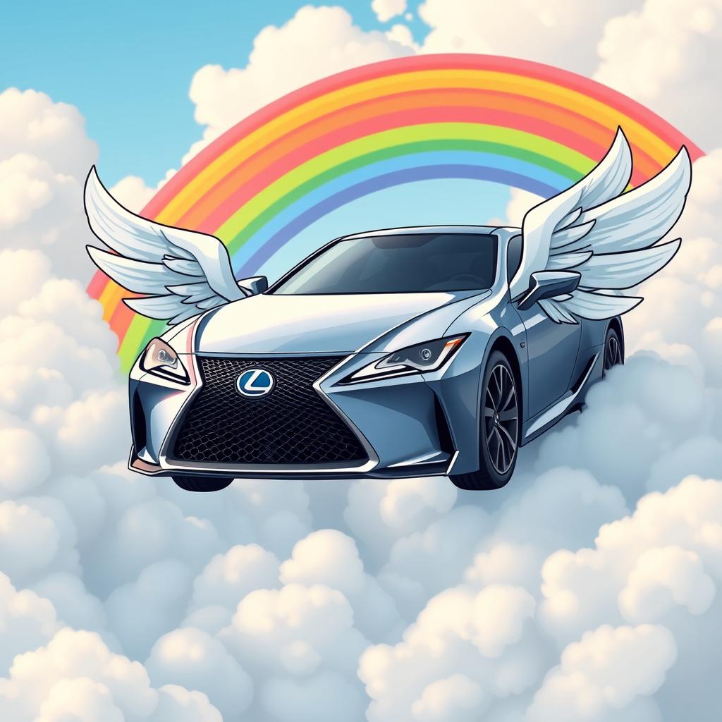 A cartoon-style Lexus car with wings, resembling anime art, soaring through fluffy clouds with a colorful rainbow in the background