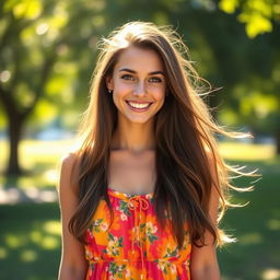 A young woman with underarm hair, confidently embracing natural beauty, standing in a bright and airy outdoor setting