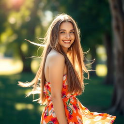 A young woman with underarm hair, confidently embracing natural beauty, standing in a bright and airy outdoor setting