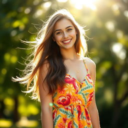 A young woman with underarm hair, confidently embracing natural beauty, standing in a bright and airy outdoor setting