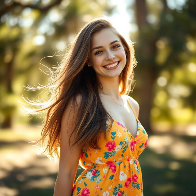 A young woman with underarm hair, confidently embracing natural beauty, standing in a bright and airy outdoor setting