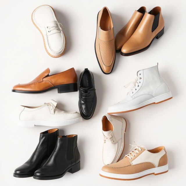 A collection of 8 stylish shoes crafted from leather and suede, showcased in a harmonious arrangement