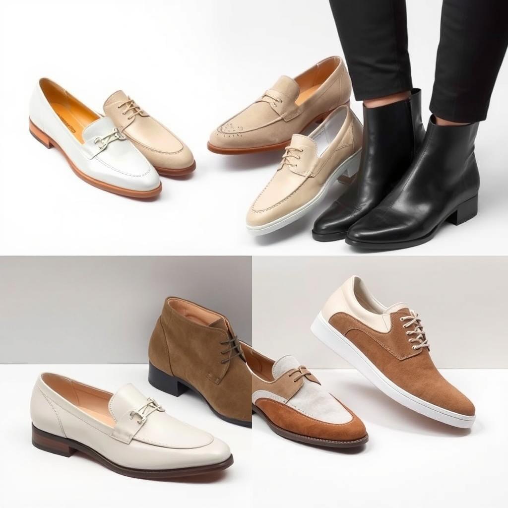 A collection of 8 stylish shoes crafted from leather and suede, showcased in a harmonious arrangement