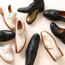 A collection of 8 stylish shoes crafted from leather and suede, showcased in a harmonious arrangement