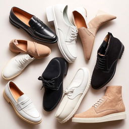 A collection of 8 stylish shoes crafted from leather and suede, showcased in a harmonious arrangement