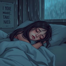A sad and depressed young girl lying on her bed, surrounded by pillows and blankets, with a soft expression on her face