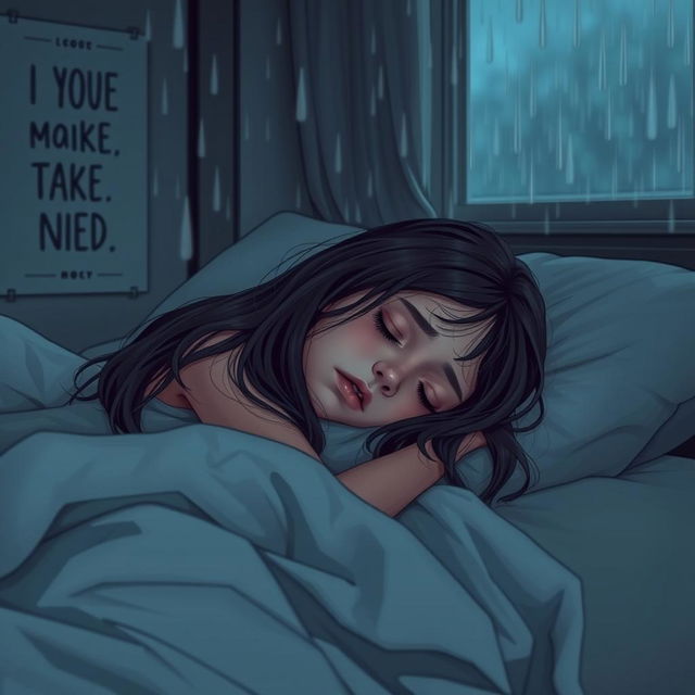 A sad and depressed young girl lying on her bed, surrounded by pillows and blankets, with a soft expression on her face