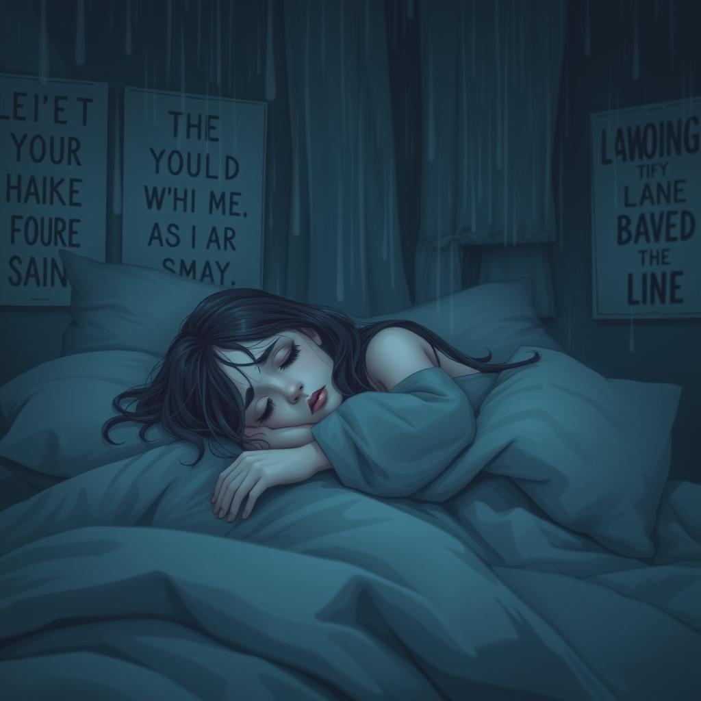 A sad and depressed young girl lying on her bed, surrounded by pillows and blankets, with a soft expression on her face
