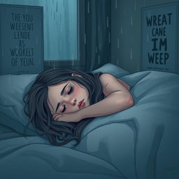 A sad and depressed young girl lying on her bed, surrounded by pillows and blankets, with a soft expression on her face
