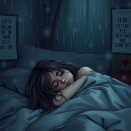 A sad and depressed young girl lying on her bed, surrounded by pillows and blankets, with a soft expression on her face