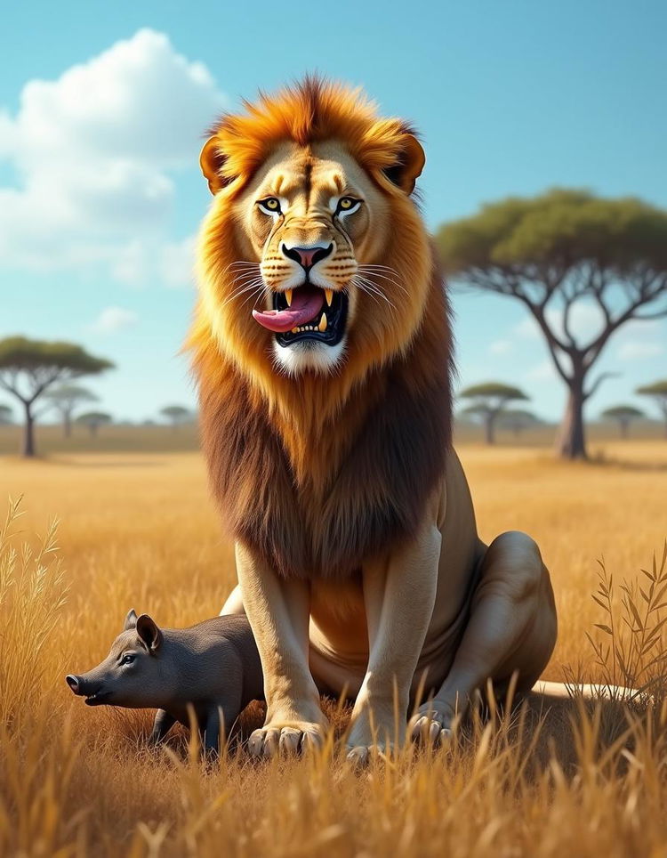 A powerful African lion majestically sitting in a grassland under a clear blue sky, showcasing its vibrant golden mane while enjoying a freshly caught wild pig