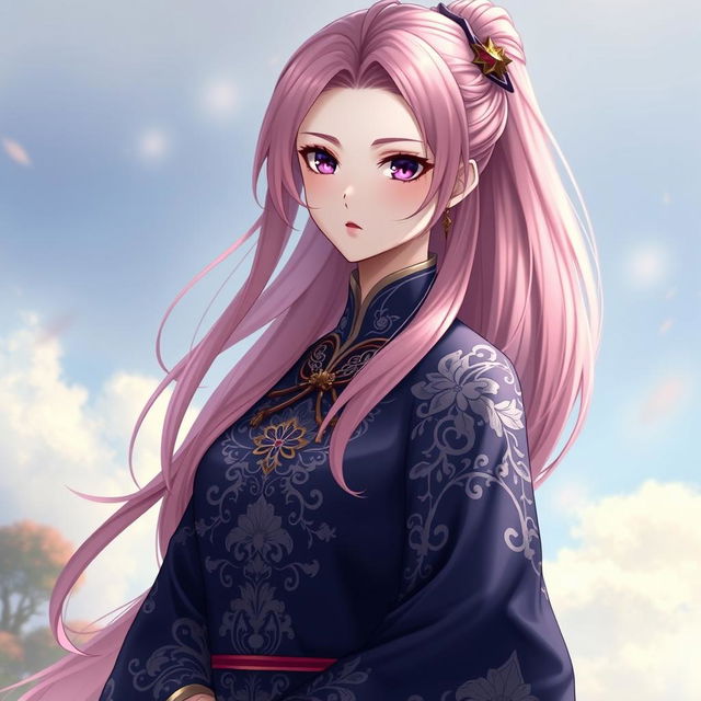 A tall female character in the art style of Genshin Impact, featuring long flowing pink hair and striking violet eyes