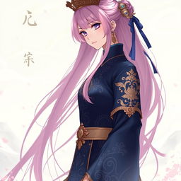 A tall female character in the art style of Genshin Impact, featuring long flowing pink hair and striking violet eyes